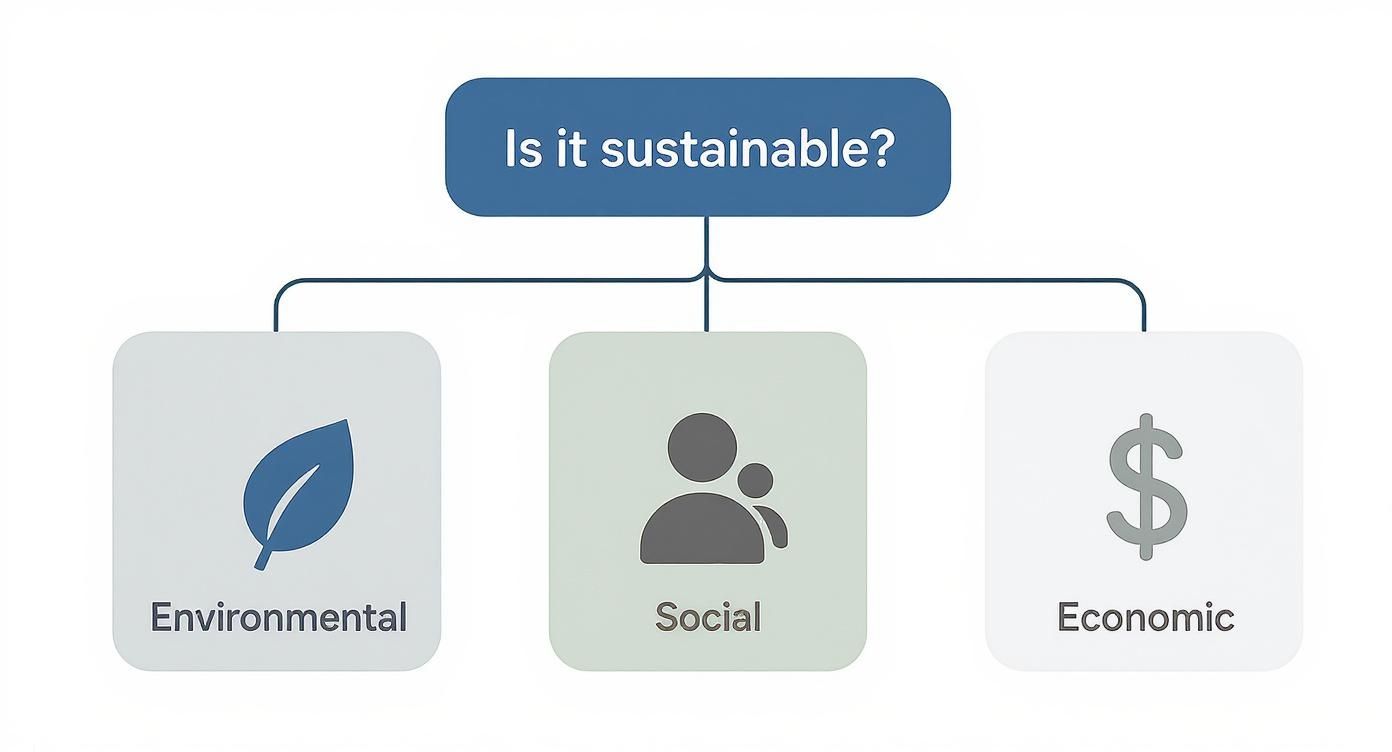 Diagram showing three pillars of sustainability: environmental with leaf icon, social with people icon, and economic with dollar sign