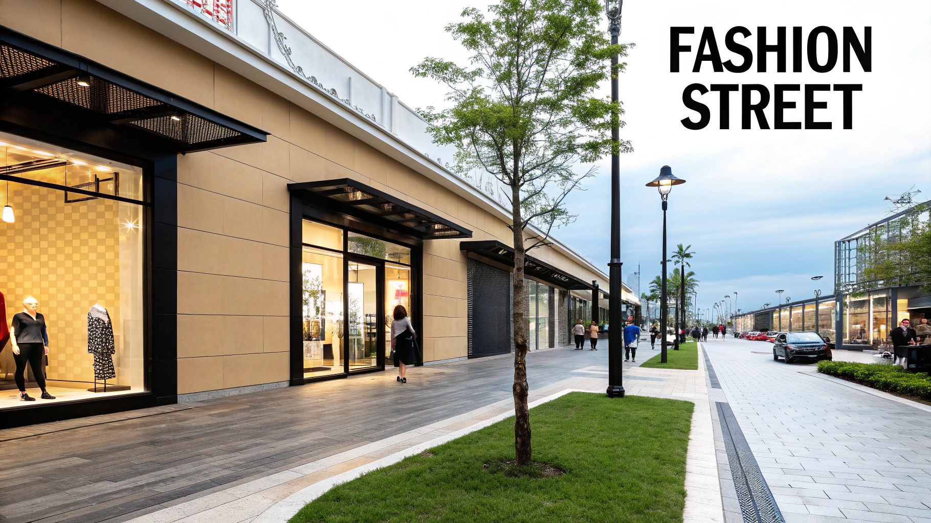 A modern outdoor shopping street, 'Fashion Street,' with storefronts, pedestrians, and trees under a cloudy sky.