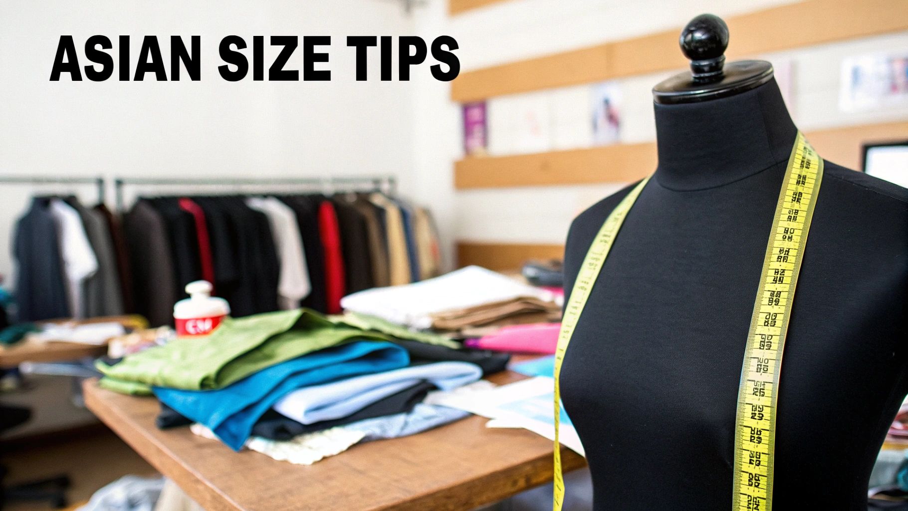 A black tailor's mannequin with a measuring tape and clothing rack, featuring 'ASIAN SIZE TIPS' text.