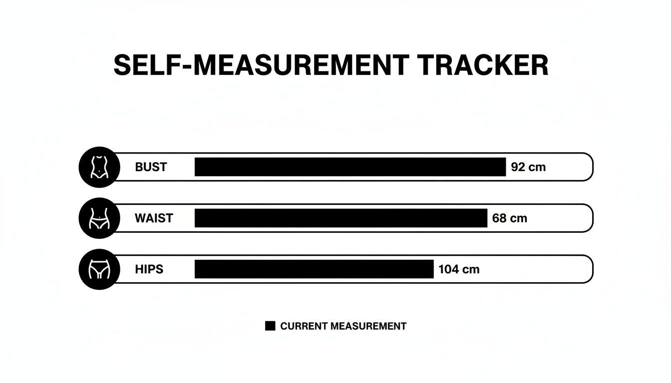 A self-measurement tracker displaying current bust, waist, and hip measurements in centimeters.