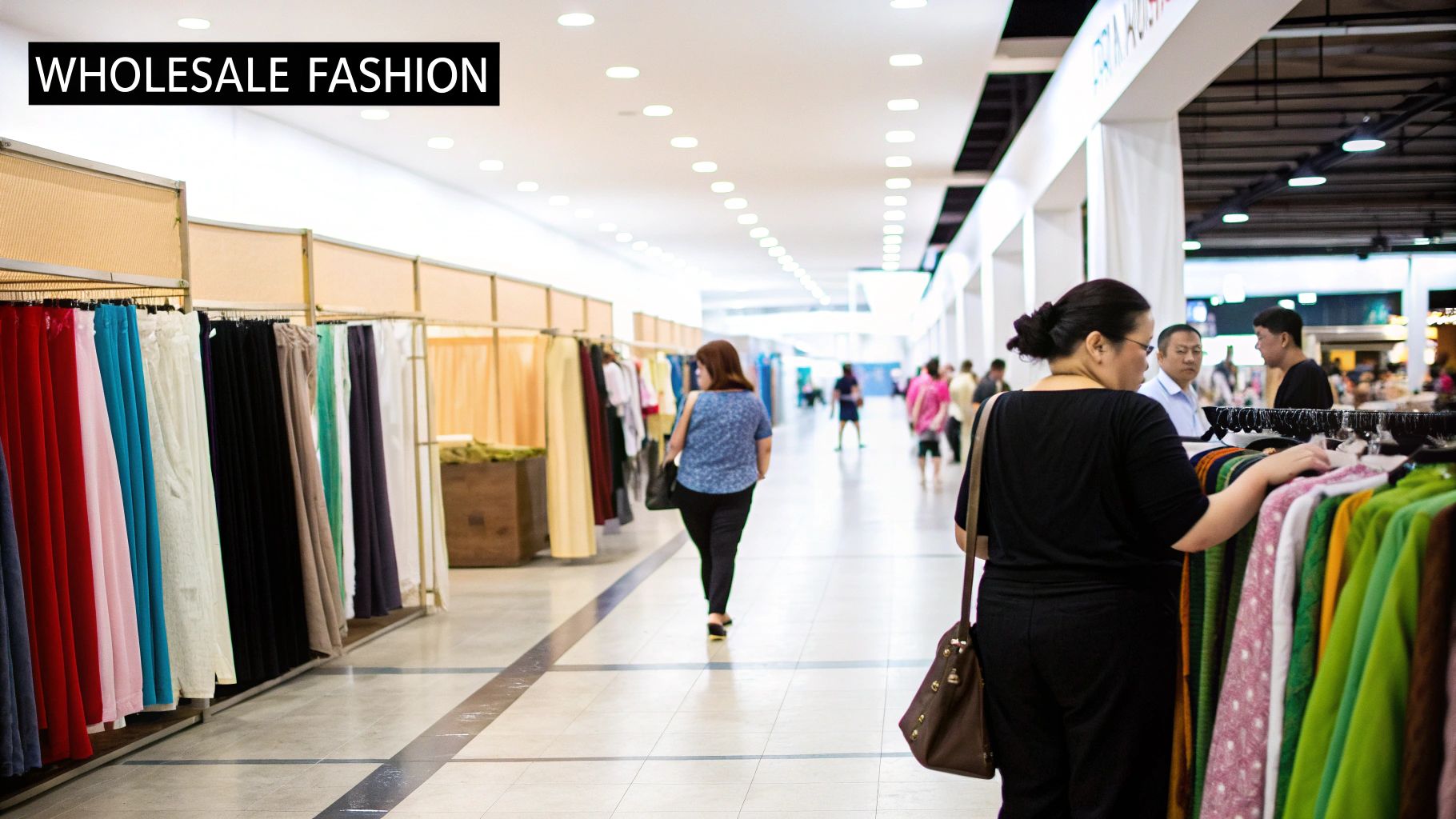 Inside a bustling wholesale fashion market, shoppers browse racks of colorful clothing items.
