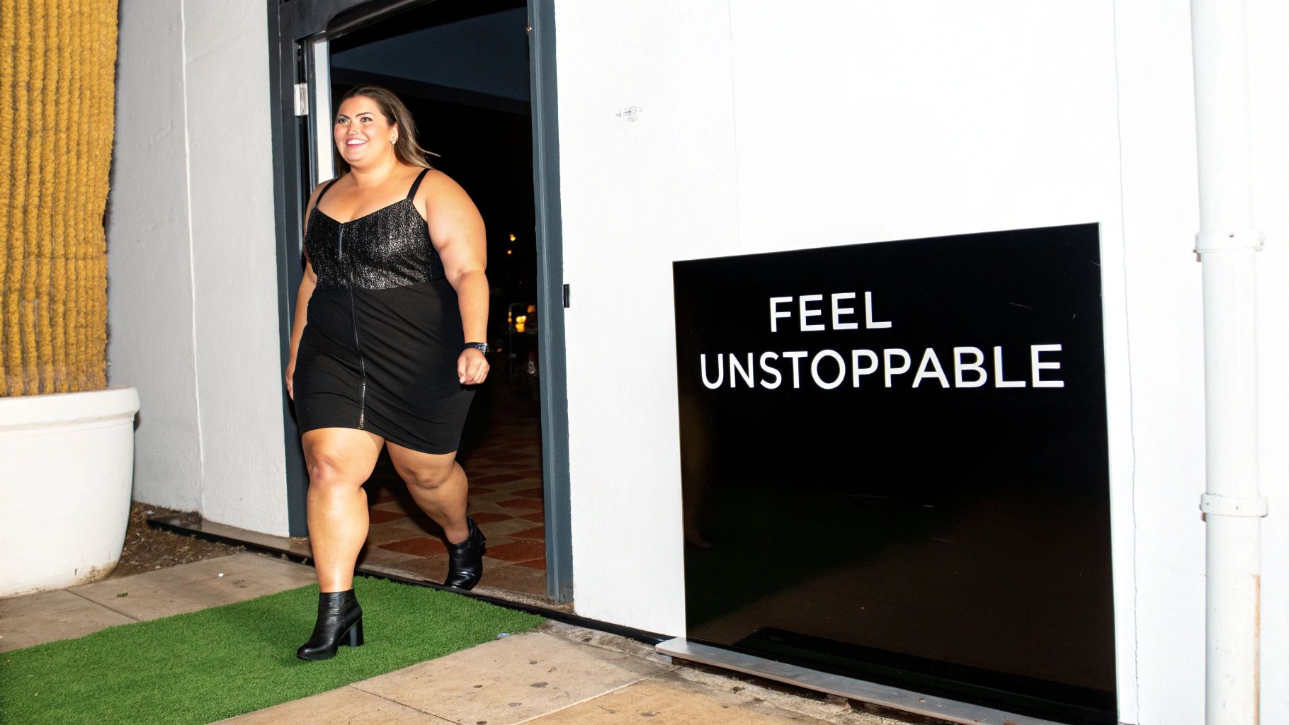 A confident plus-size woman in a stylish club outfit, smiling and ready for a night out.