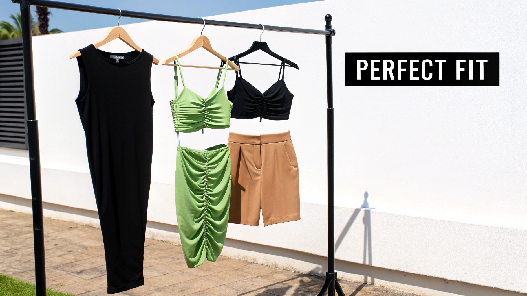Various summer club outfits including a black dress, green set, and brown shorts on a clothing rack outdoors.