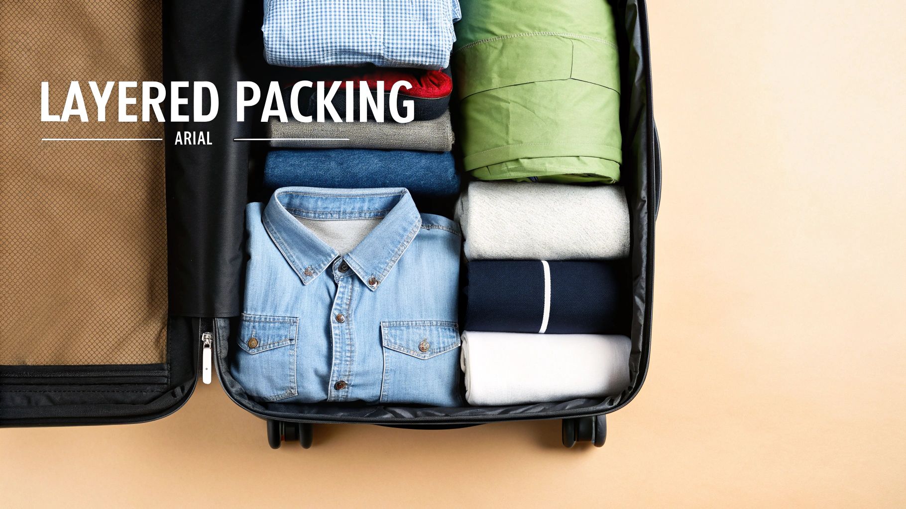 A neatly organized suitcase with clothes strategically layered using packing cubes and folding techniques.