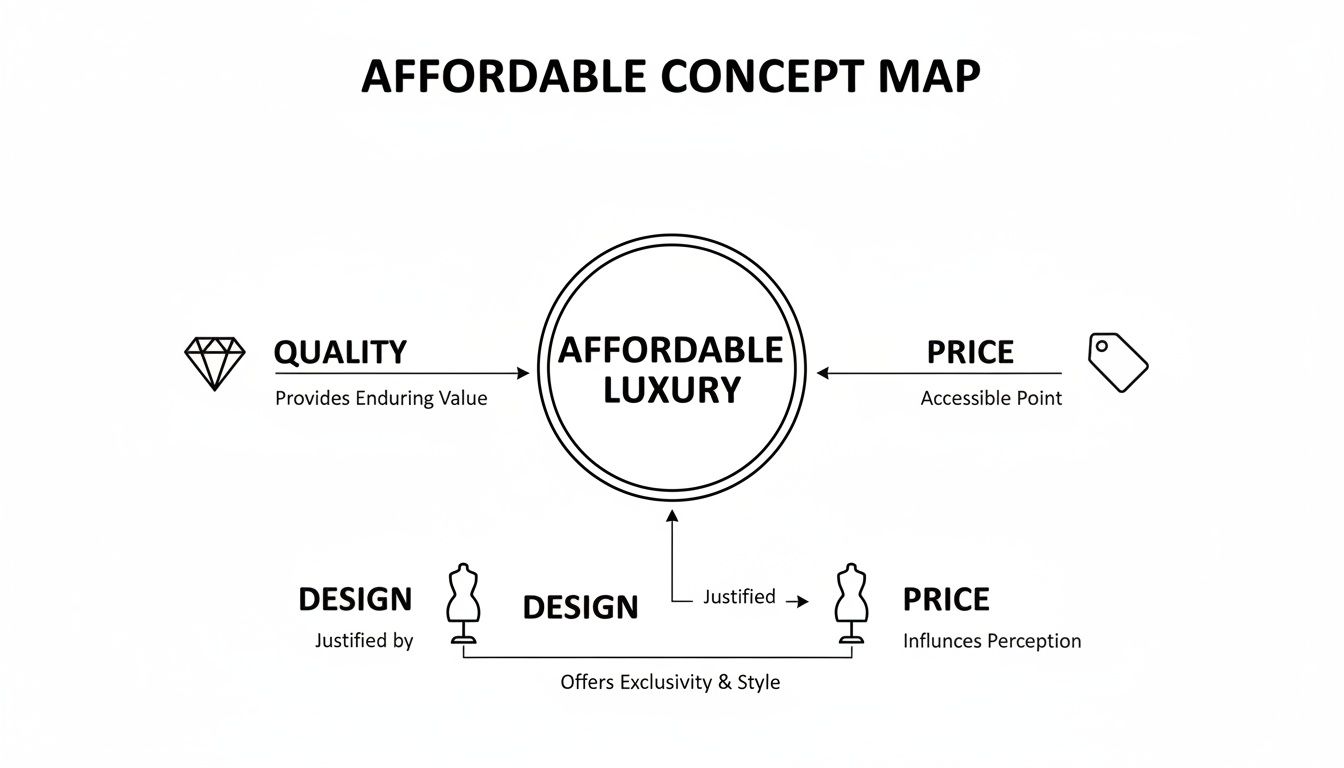 Concept map illustrating affordable luxury, detailing its relationship with quality, design, and price points.