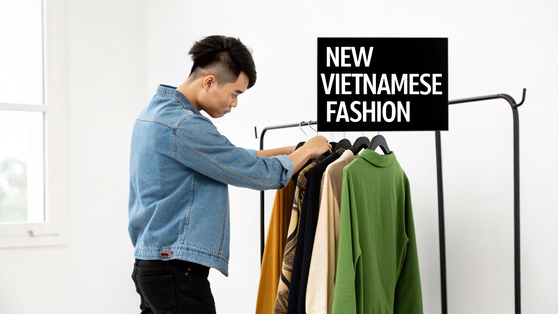 A young Asian man in a denim jacket examines clothes on a rack with a 'New Vietnamese Fashion' sign.