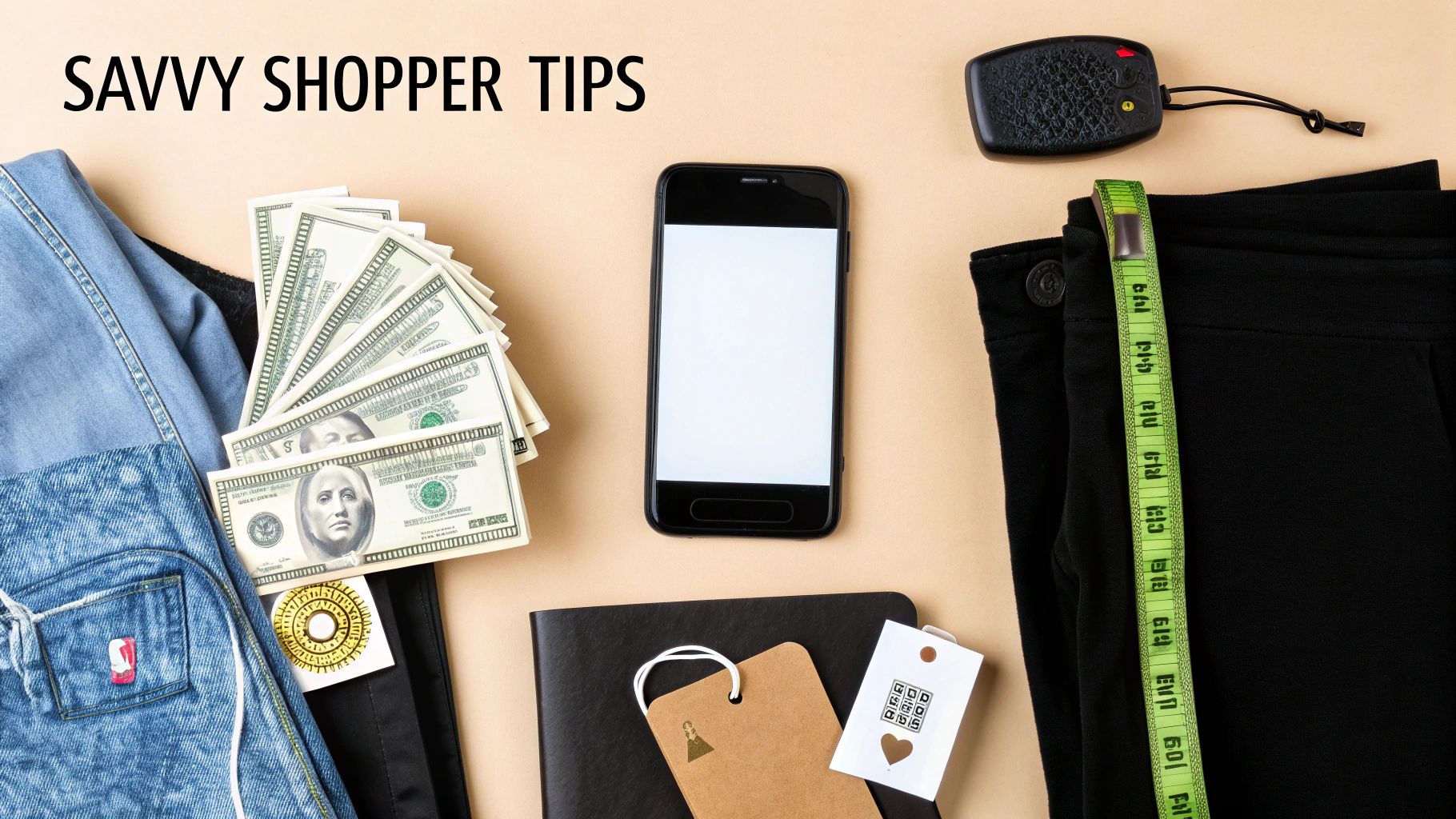 Overhead view of shopping essentials: denim, cash, smartphone, measuring tape, and price tags for savvy shoppers.