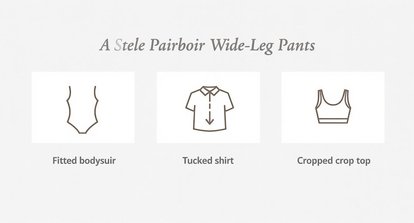 Infographic showing icon-based examples of top styles for wide-leg pants, including fitted, tucked, and cropped options.