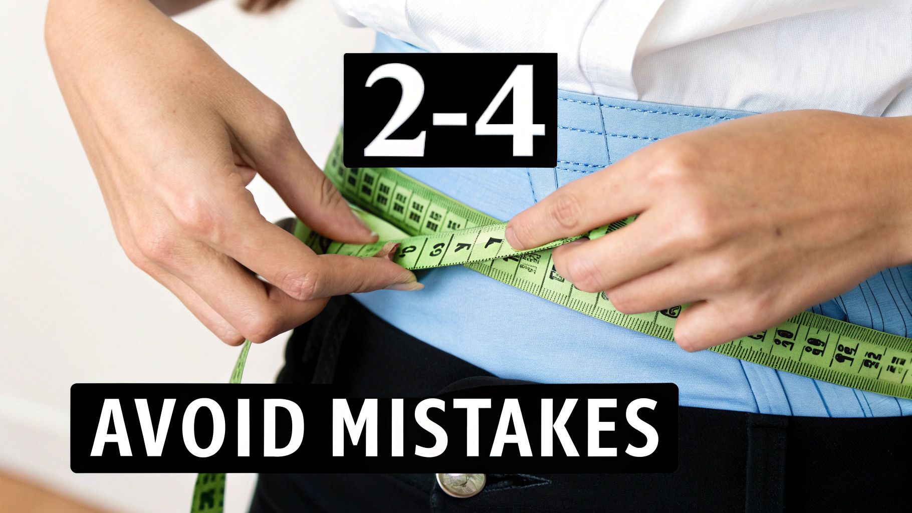 Person using green measuring tape around waist to take body measurements, text says avoid mistakes