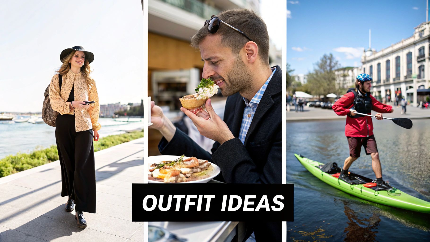 Three panels showcasing different outfit ideas: a woman walking, a man eating, and a man kayaking.