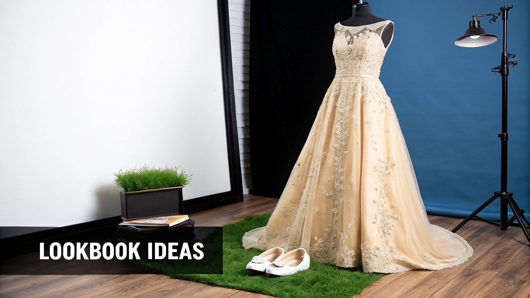 Elegant light gold lace and beaded formal dress on a mannequin with shoes in a studio setting.