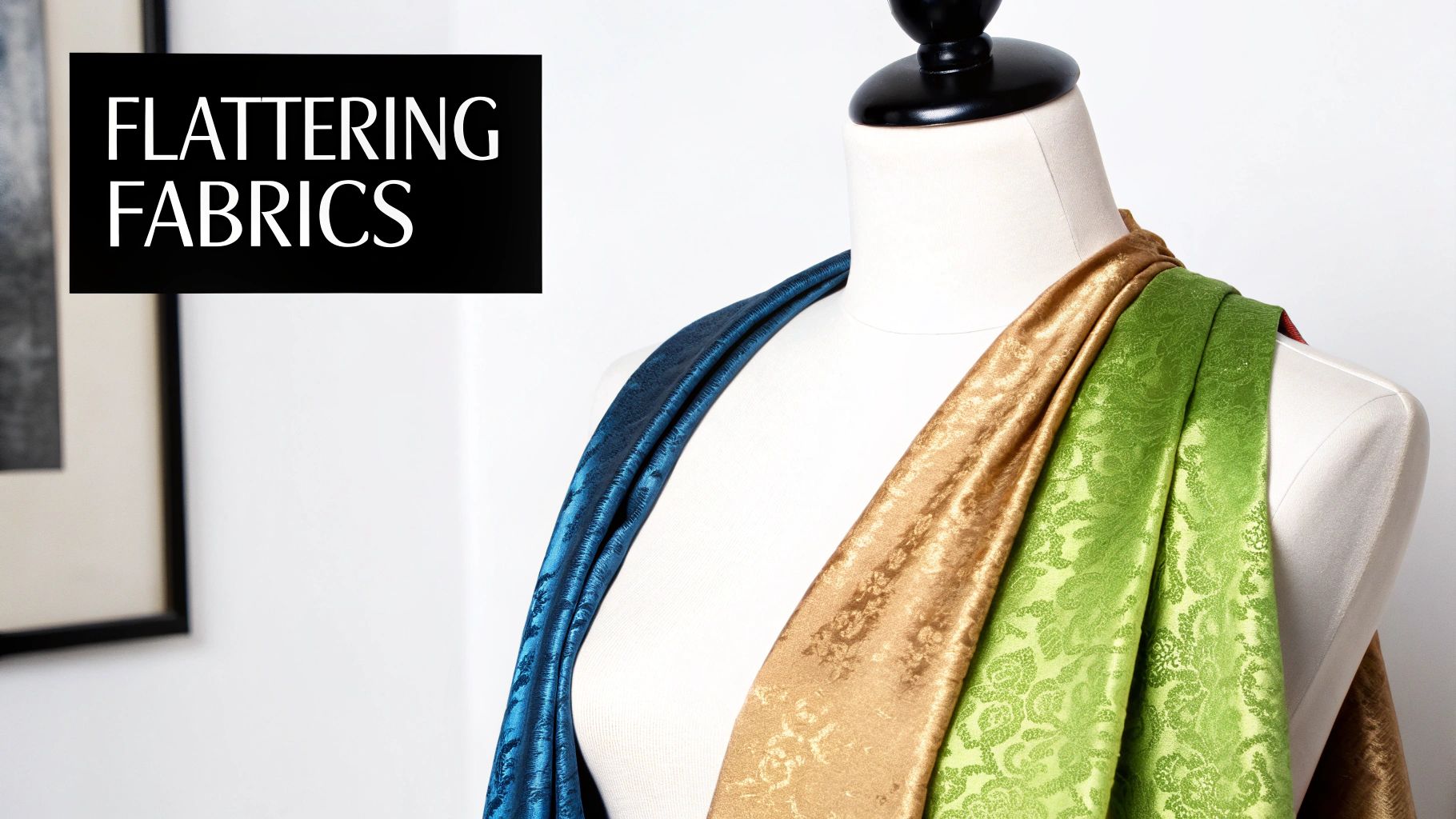 A mannequin draped with patterned blue, gold, and green fabrics, with 'FLATTERING FABRICS' text.