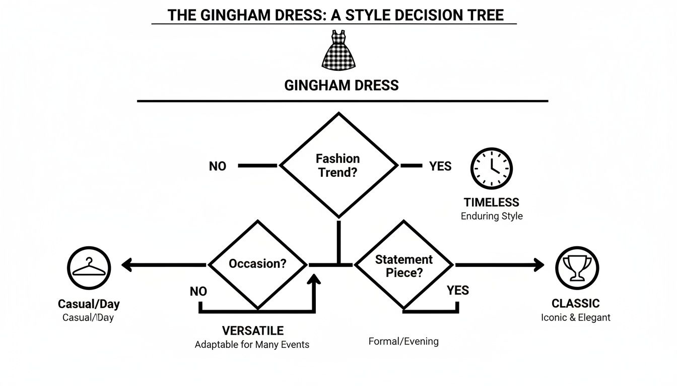 Decision tree for styling a gingham dress, considering fashion trends and occasions.