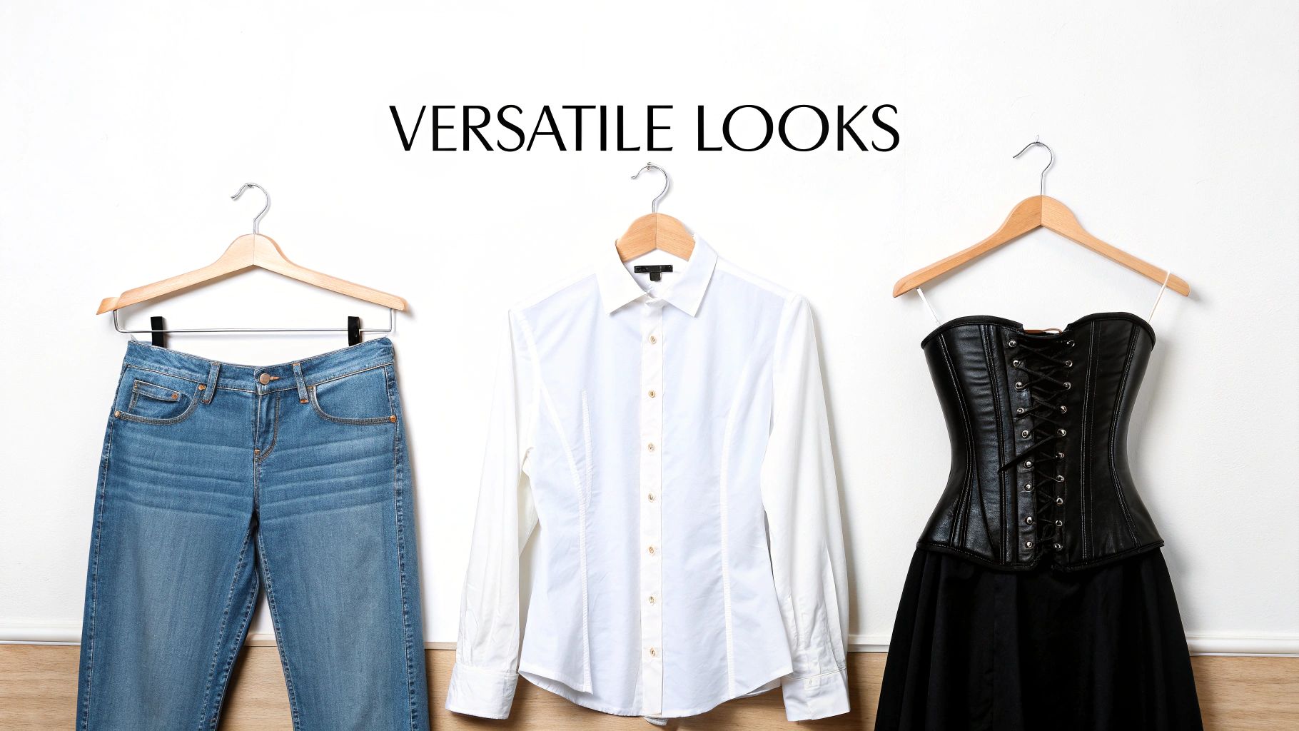 Three versatile looks: blue jeans, a white button-up shirt, and a black leather corset.