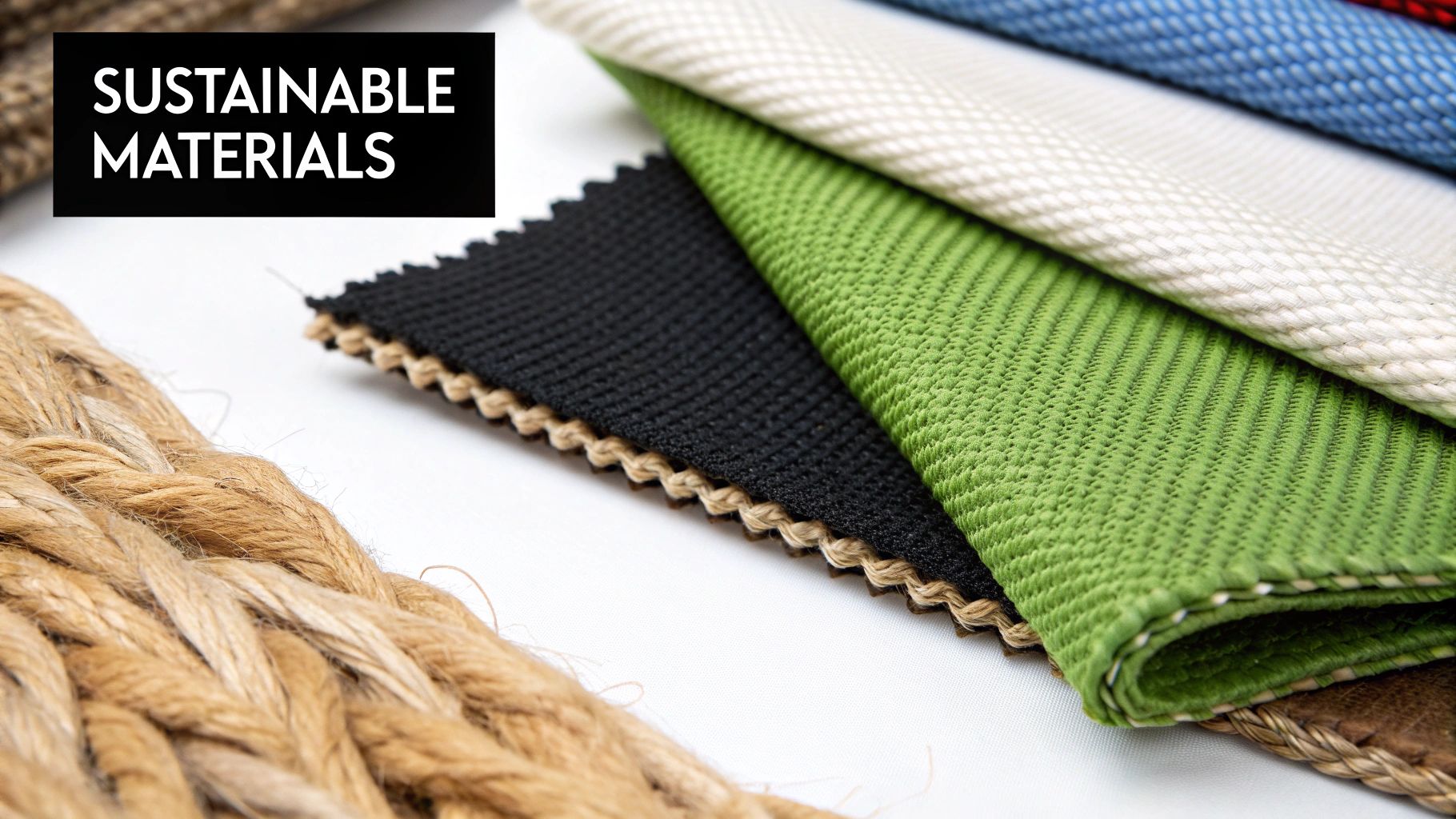 A close-up of different sustainable fabric swatches, like linen, organic cotton, and TENCEL™ Lyocell, arranged beautifully.