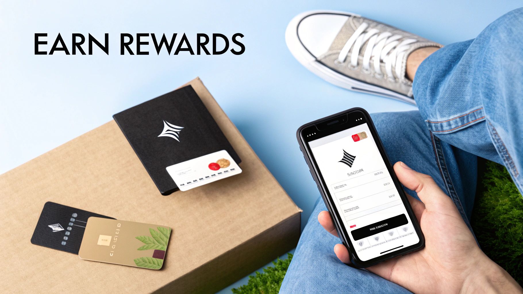 A person holding a phone with a rewards app, next to credit cards and a wallet, with 'EARN REWARDS' text.