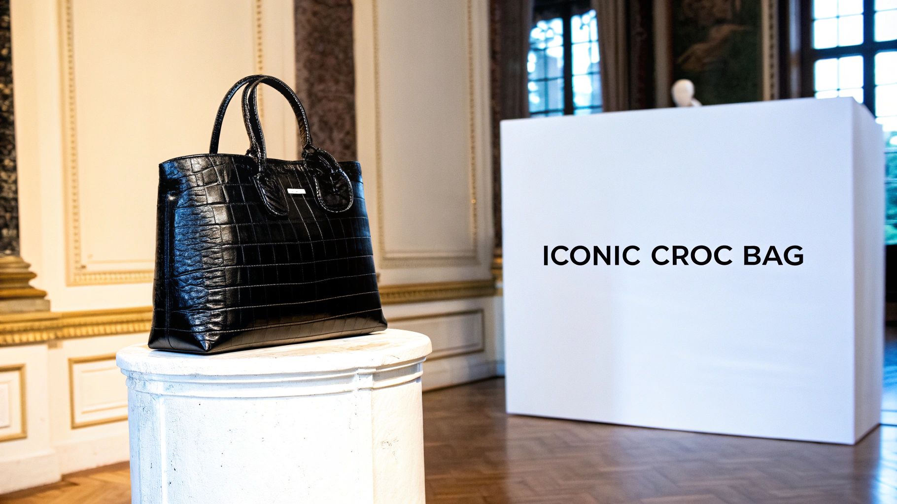 A luxurious black crocodile-embossed tote bag displayed on a white pedestal with an "ICONIC CROC BAG" sign.