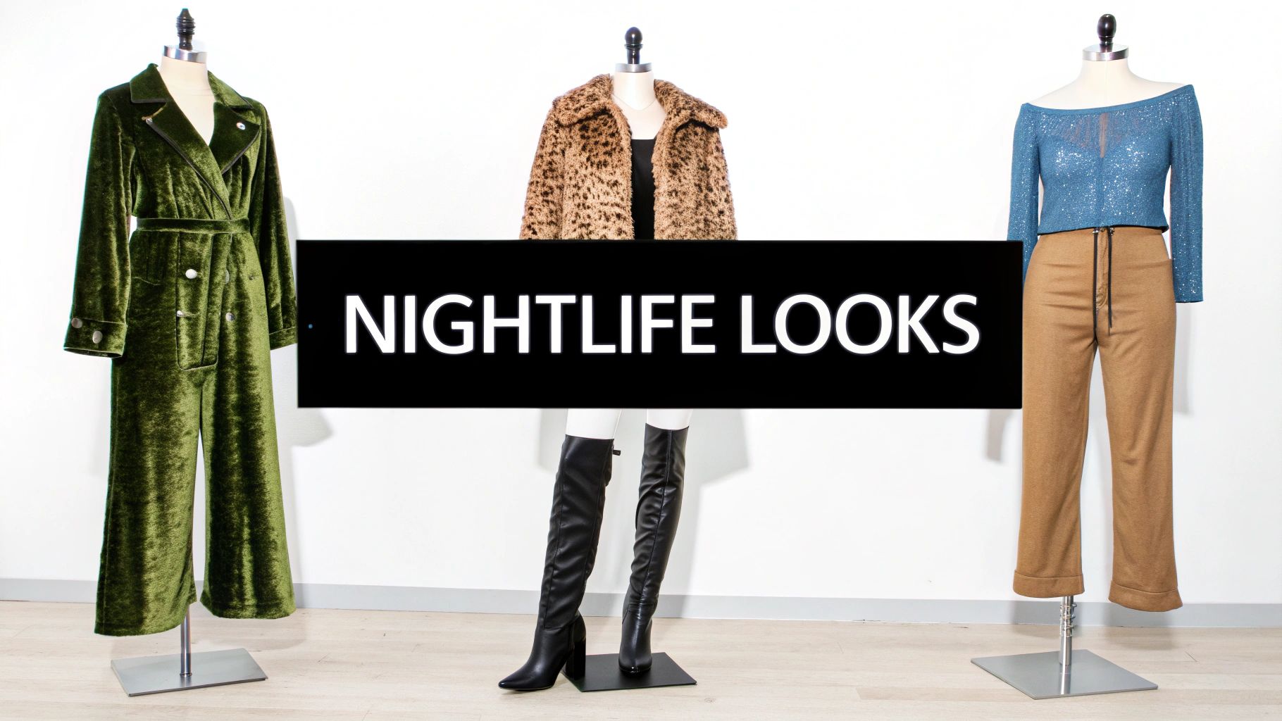 Three mannequins showcase stylish nightlife outfits, including a green velvet suit, a leopard print coat, and a blue sequin top.