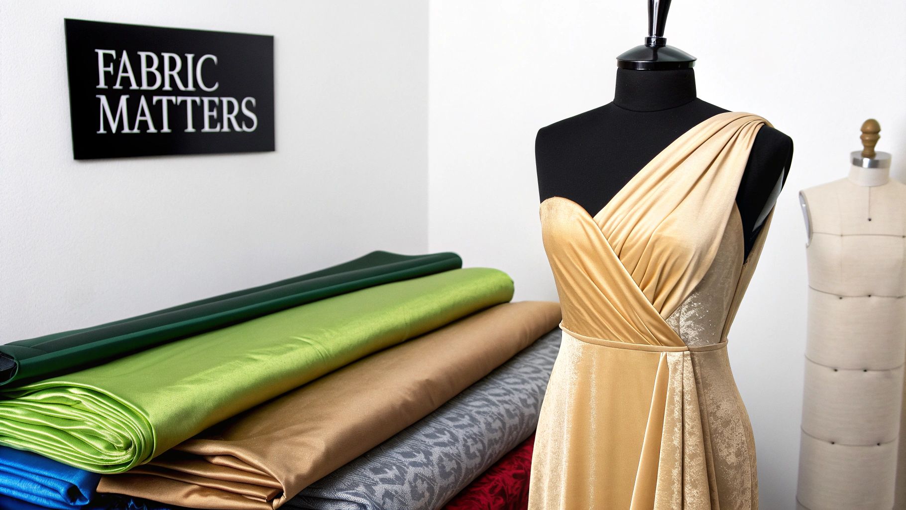 A stack of colorful fabrics next to a mannequin wearing an elegant golden dress, with a 'FABRIC MATTERS' sign.