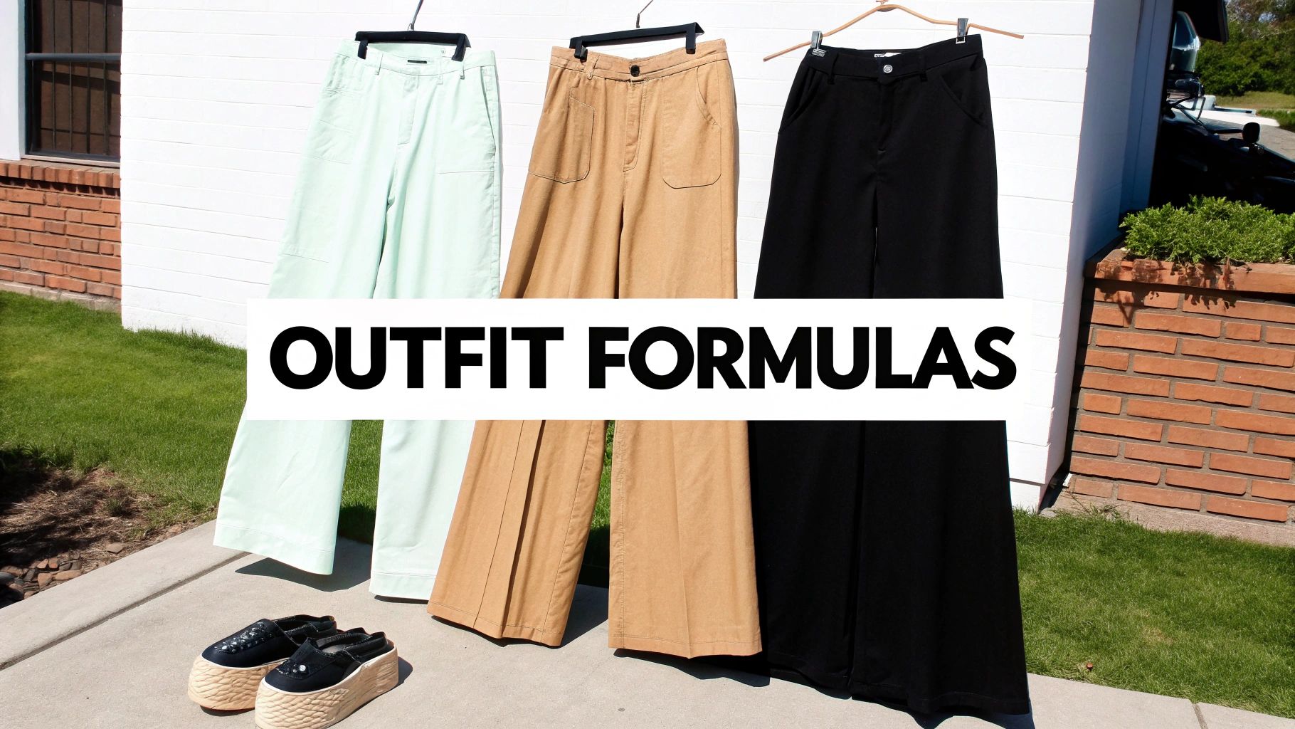 A woman wearing wide-leg pants and a stylish top in an urban setting.