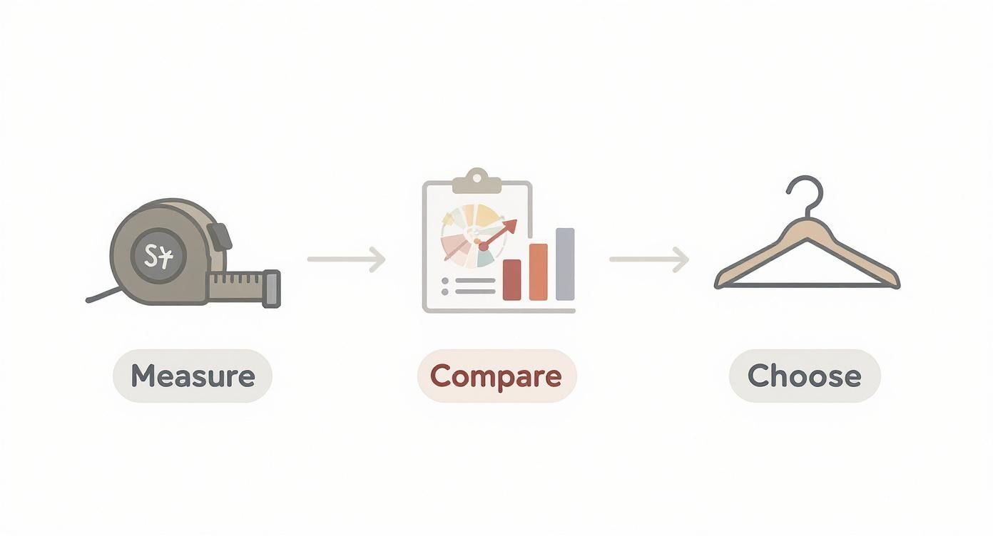 A visual guide illustrating three steps: Measure with a tape, Compare data on charts, and Choose with a hanger.