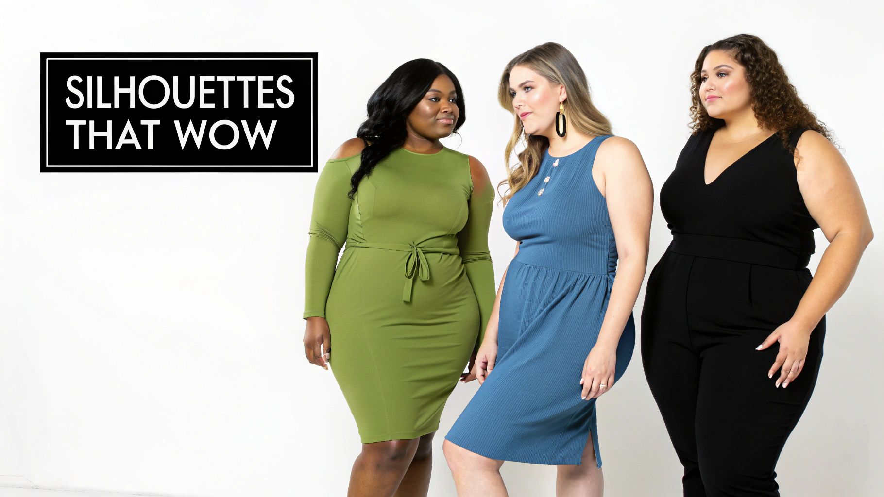 Three smiling plus-size women in stylish clubbing outfits, including dresses and a jumpsuit.