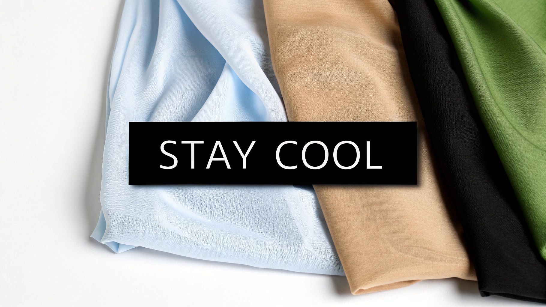 Light blue, beige, black, and green fabrics draped with a 'STAY COOL' text overlay.