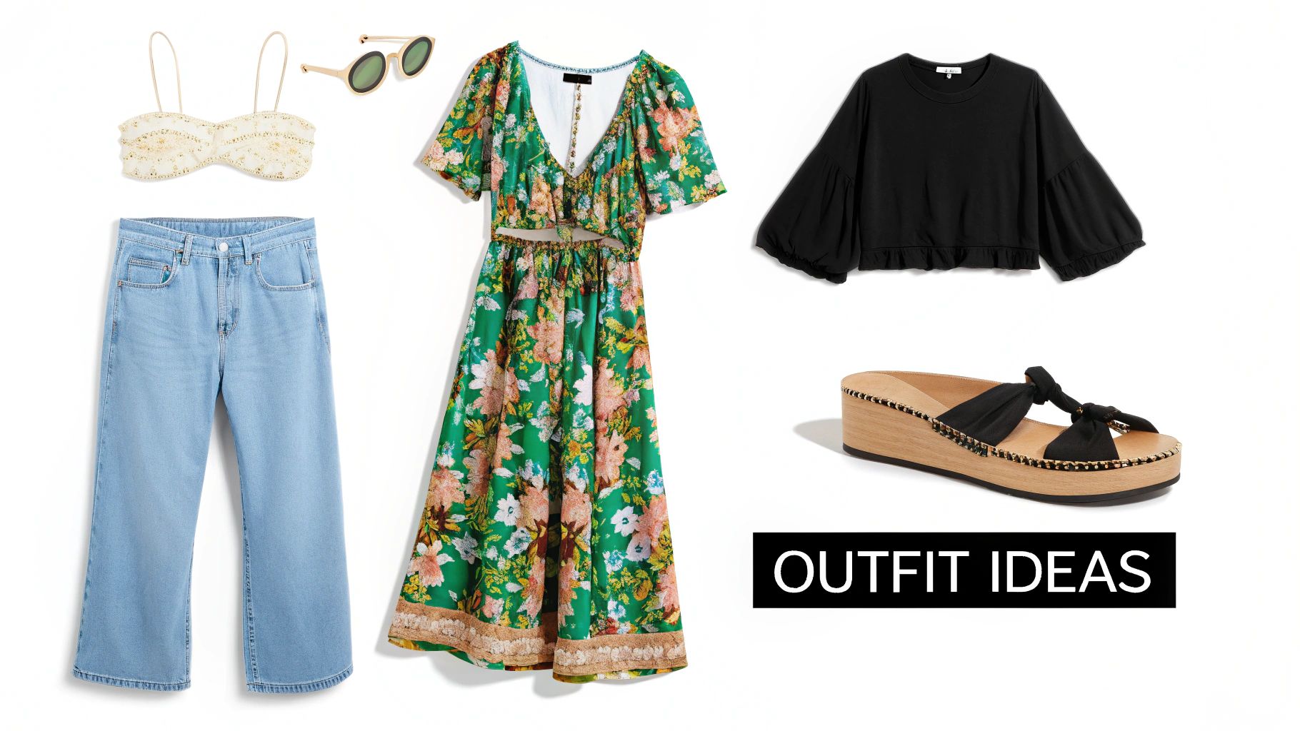 Two summer outfit ideas featuring a floral dress, light wash jeans, a bralette, and sandals.