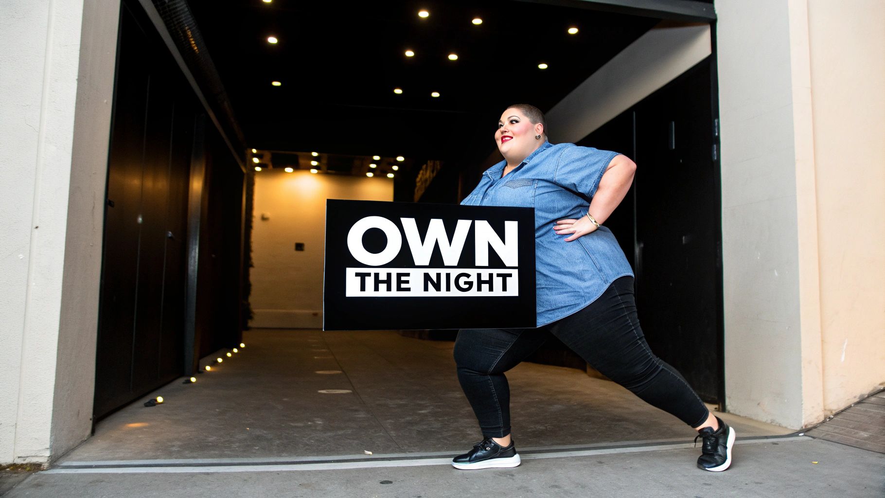 Confident plus-size woman in denim and black jeans holds a sign saying "OWN THE NIGHT".