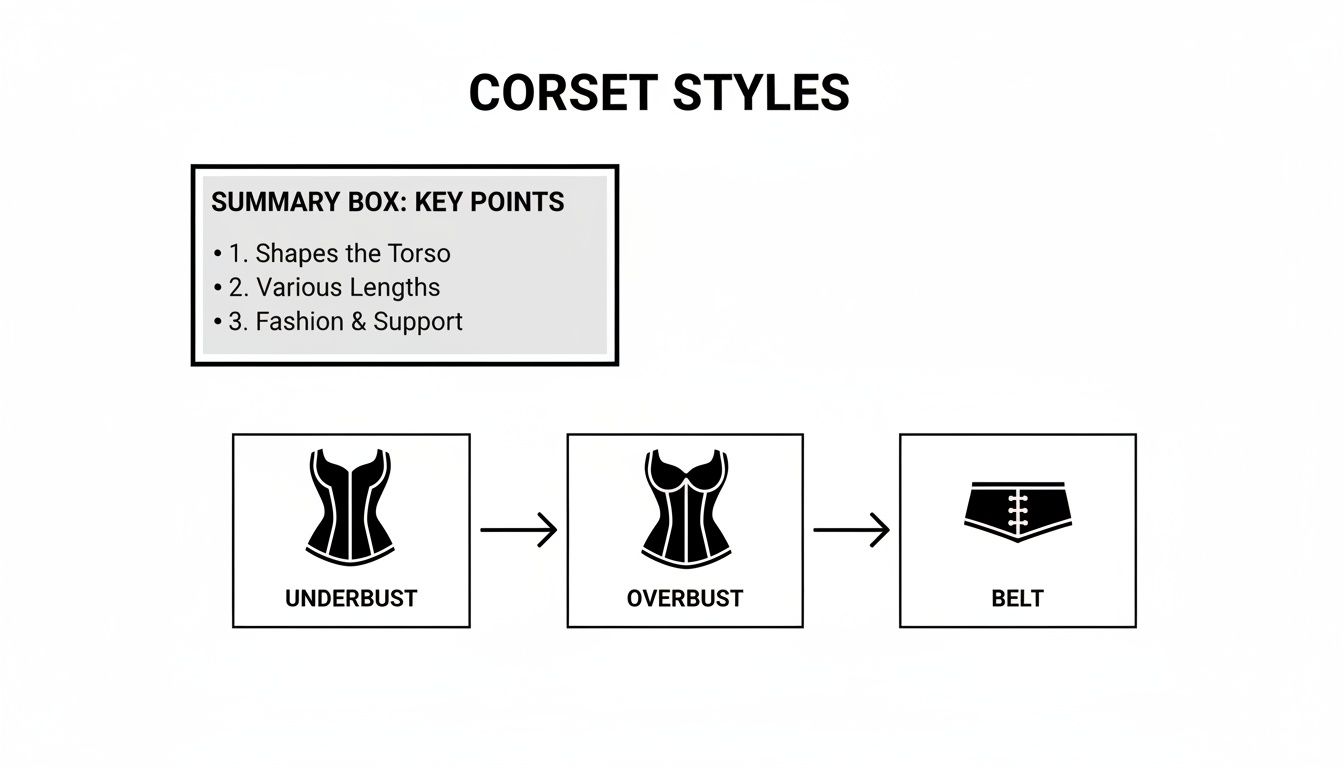 An educational diagram outlining different corset styles including underbust, overbust, and belt, with key points.