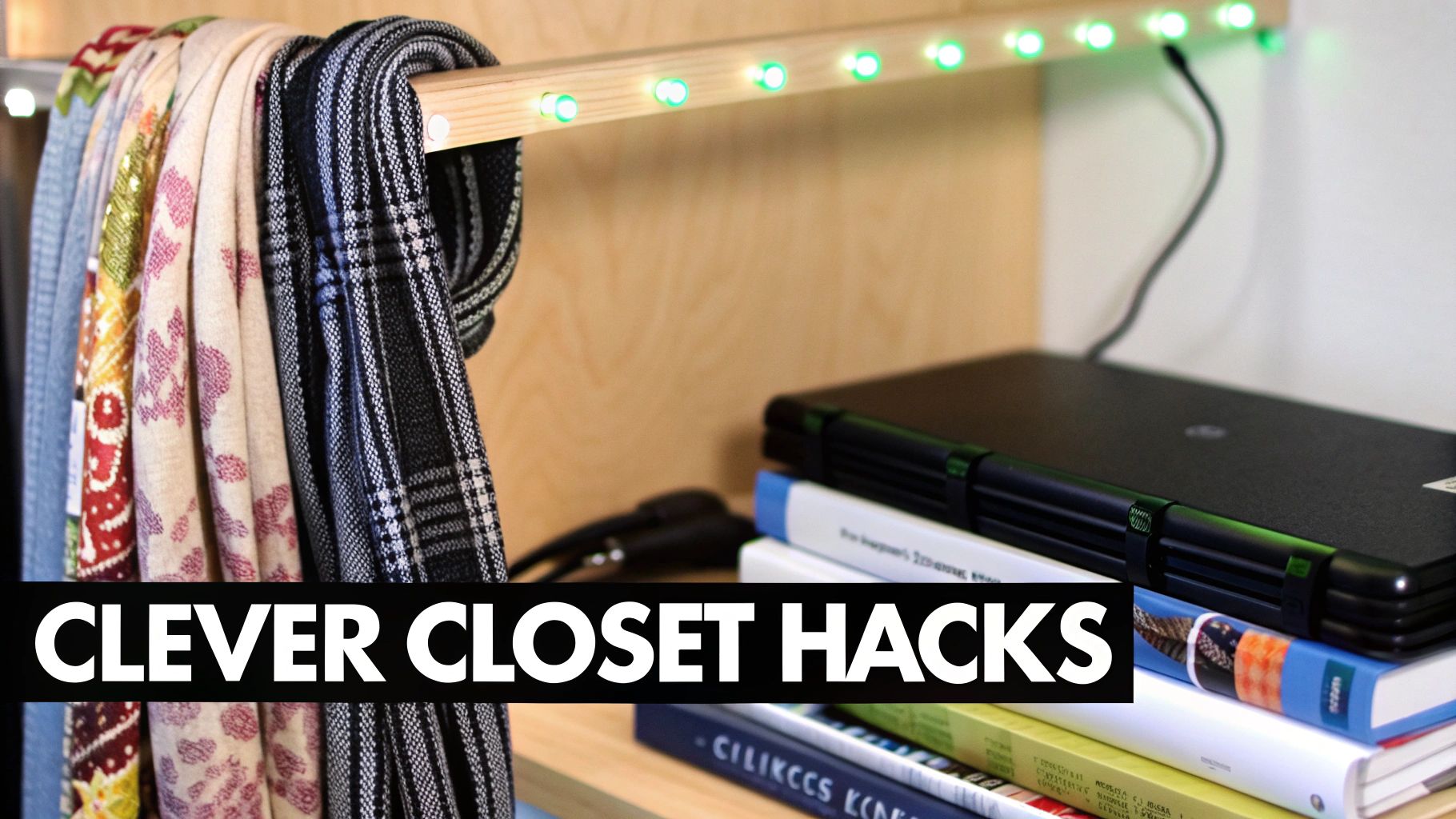 Colorful scarves hang from a wooden rod with green LED lights, next to a laptop on books.