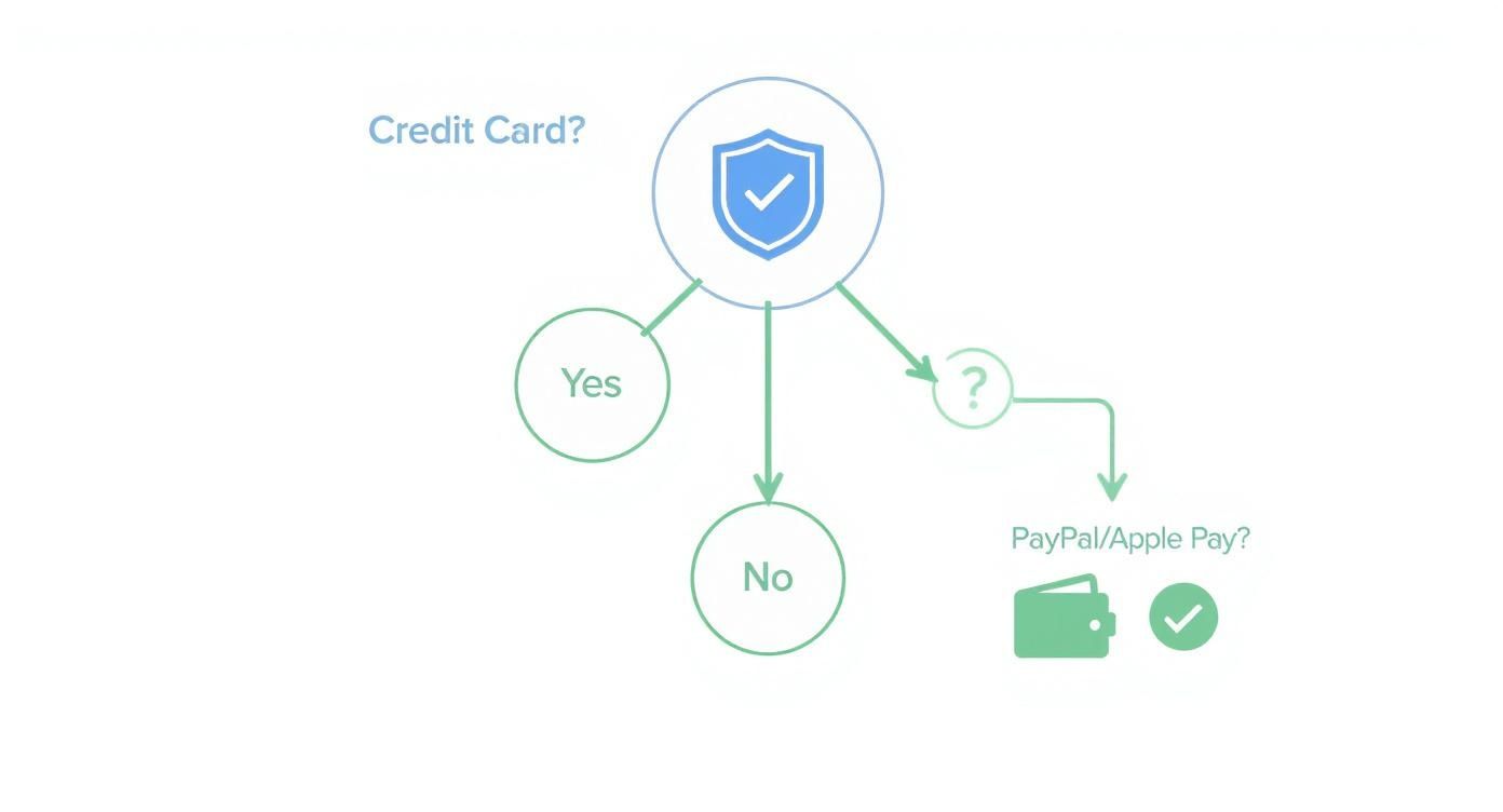 A flowchart demonstrating secure online payment options, including credit cards and digital wallets like PayPal/Apple Pay.