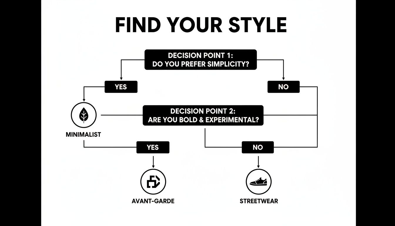A fashion style flowchart with decision points about simplicity, boldness, and experimental preferences.