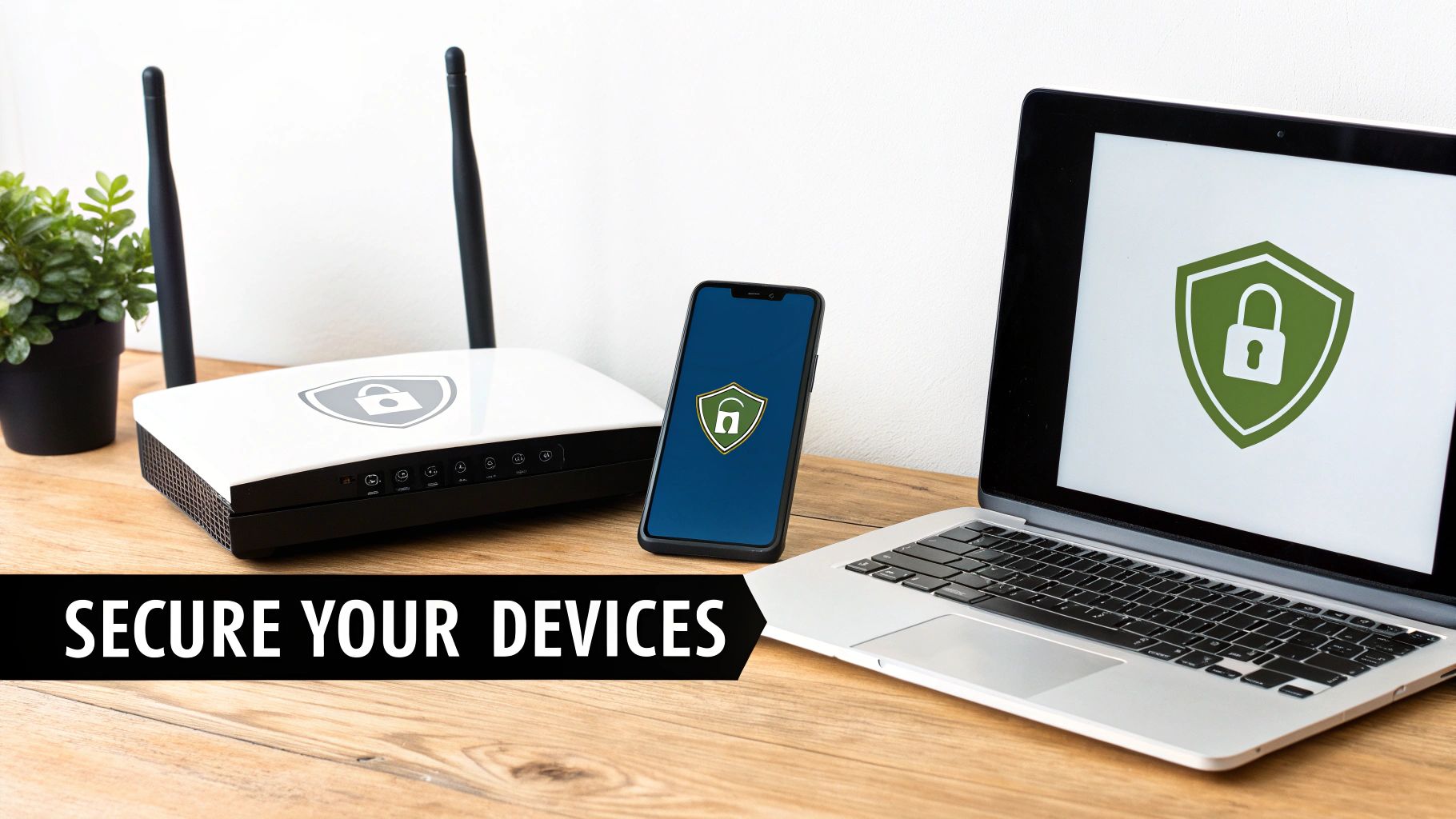 A white Wi-Fi router, smartphone, and laptop on a wooden desk, all displaying security shield icons.