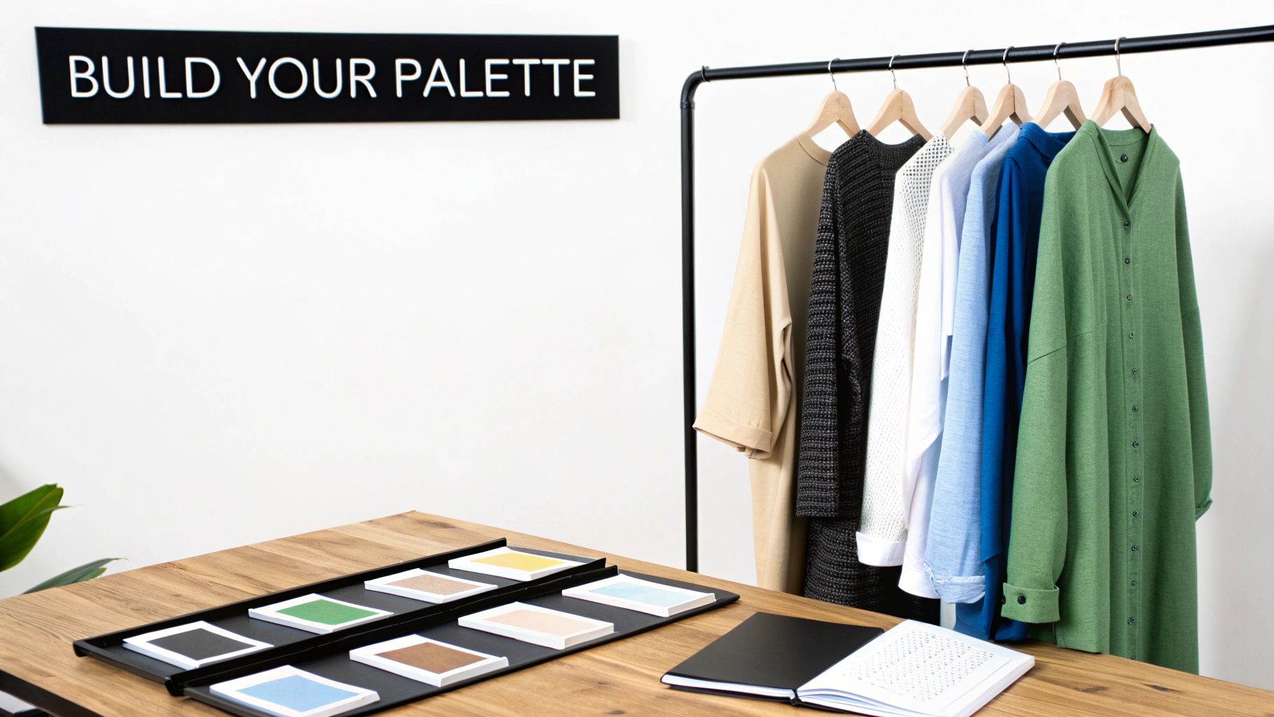 A woman surrounded by colorful fabric swatches, creating a personalized color palette.