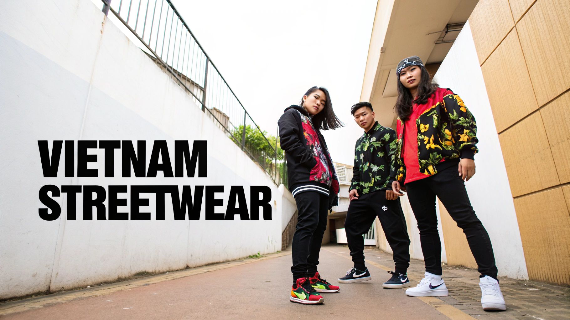 Three young individuals showcasing vibrant Vietnamese streetwear fashion against a clean urban backdrop.