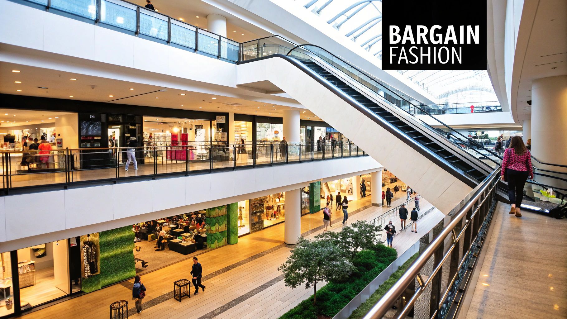 A bustling modern shopping mall interior with multiple levels, stores, escalators, and shoppers.