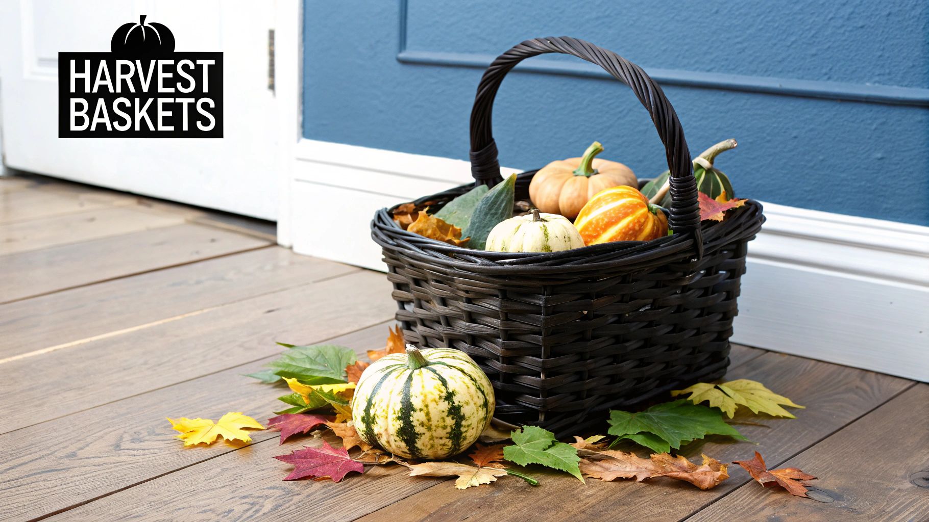 A collection of vintage woven baskets filled with autumnal items like pumpkins, apples, and dried flowers, set against a rustic wooden background.