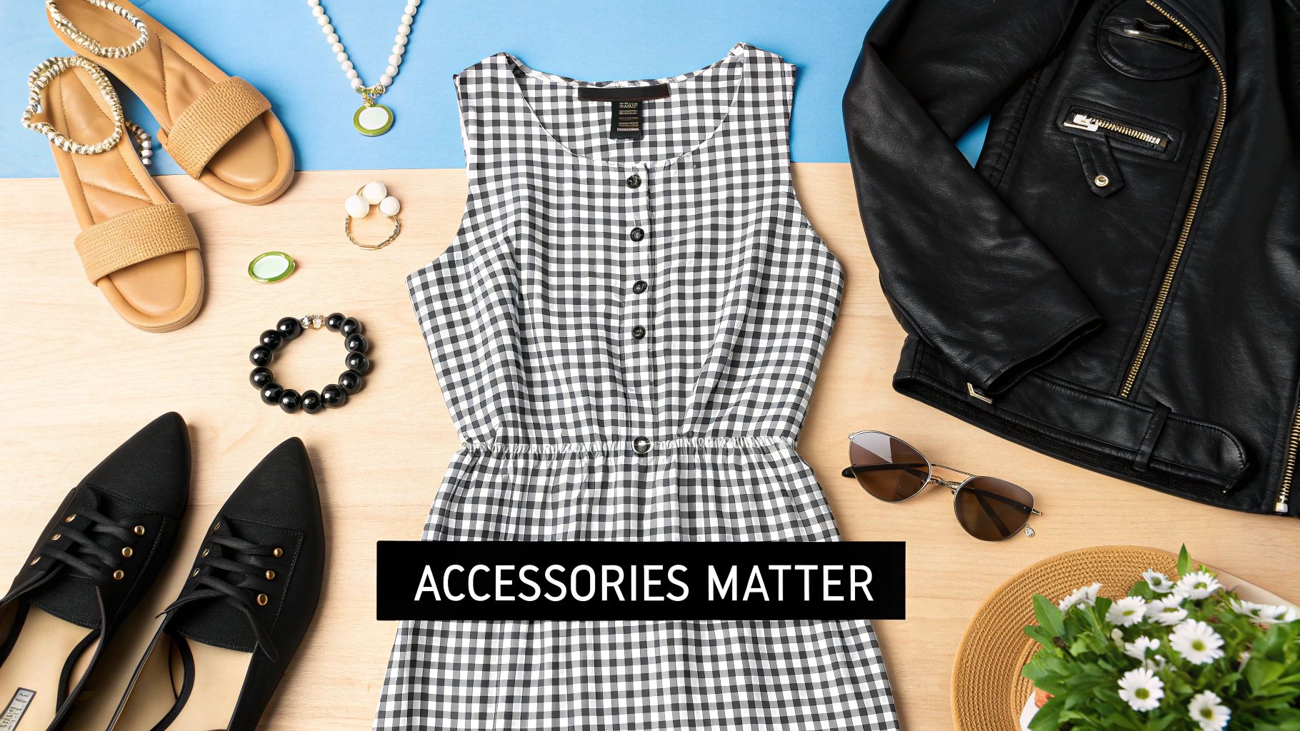 A flat lay of a black and white gingham dress, leather jacket, shoes, and fashion accessories.
