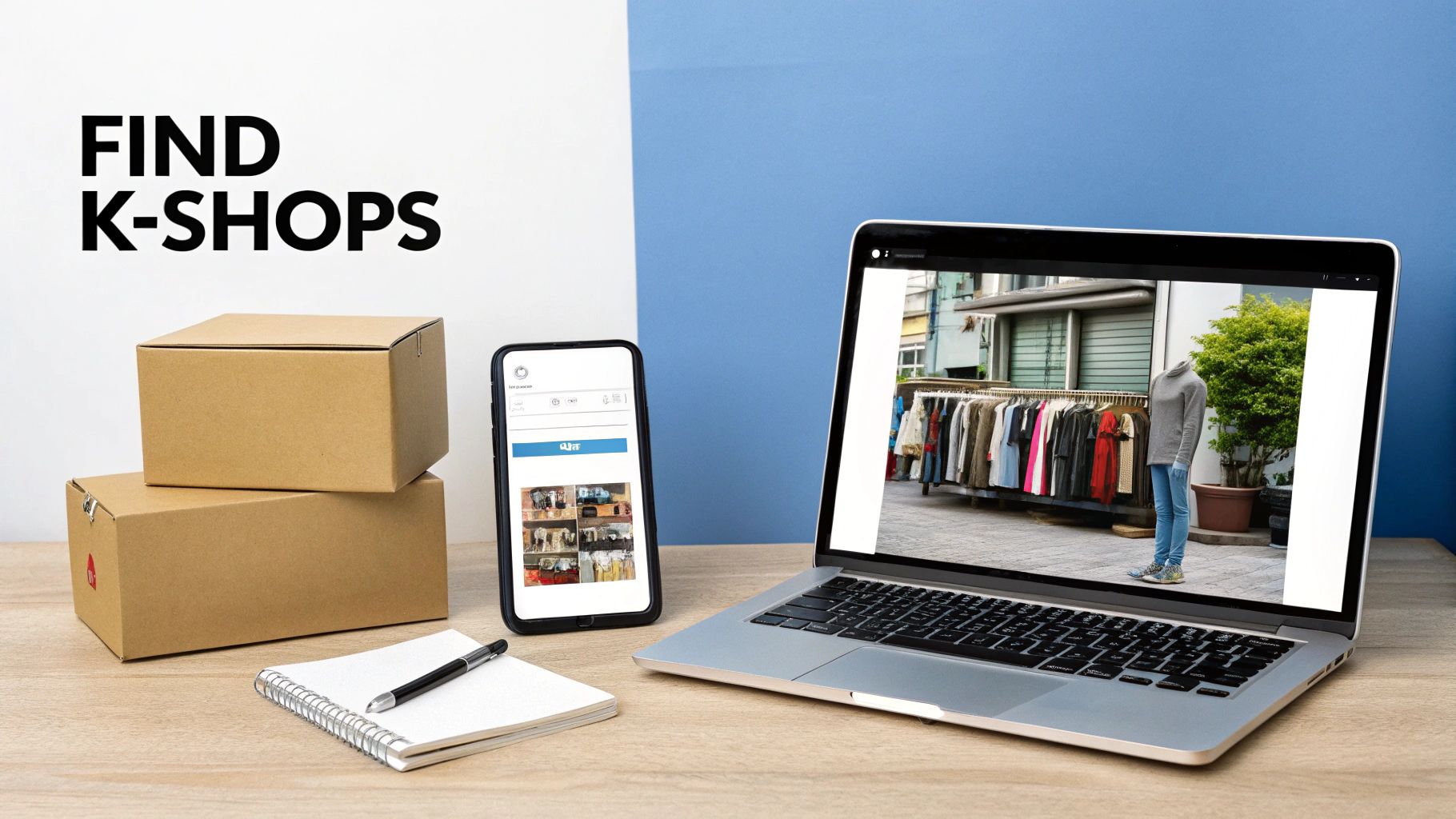 A desk with boxes, phone, and laptop displaying K-shops online fashion, with 'FIND K-SHOPS' text.