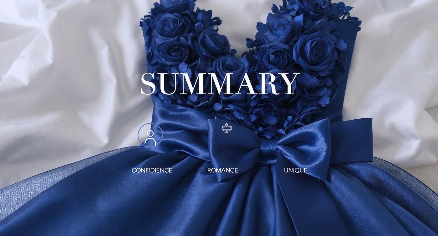 Elegant royal blue prom dress with floral bodice embellishments and satin bow detail