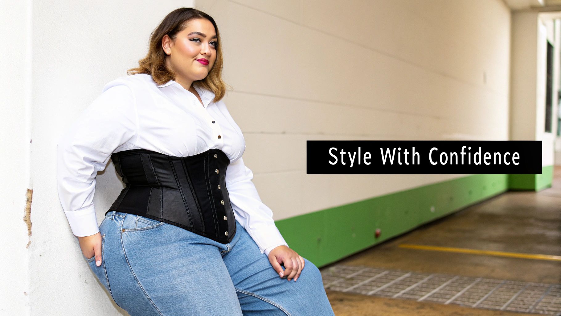 A plus-size woman in a white shirt, black corset, and jeans, confidently posing against a wall.