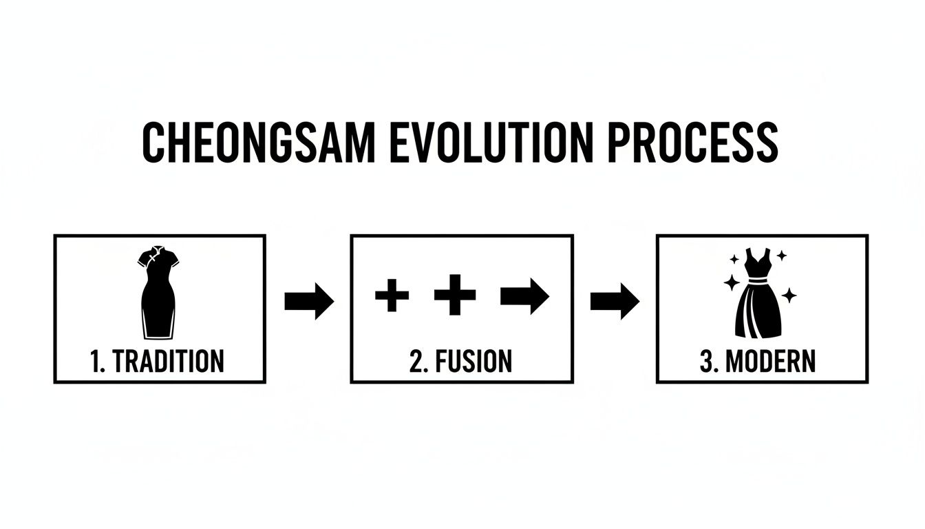 Diagram shows Cheongsam evolution from traditional dress to modern, fused designs with sparkle.