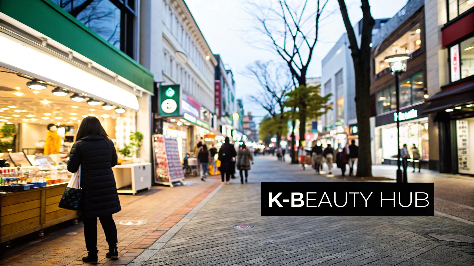 Bustling Korean shopping street with a woman browsing products at a brightly lit store.