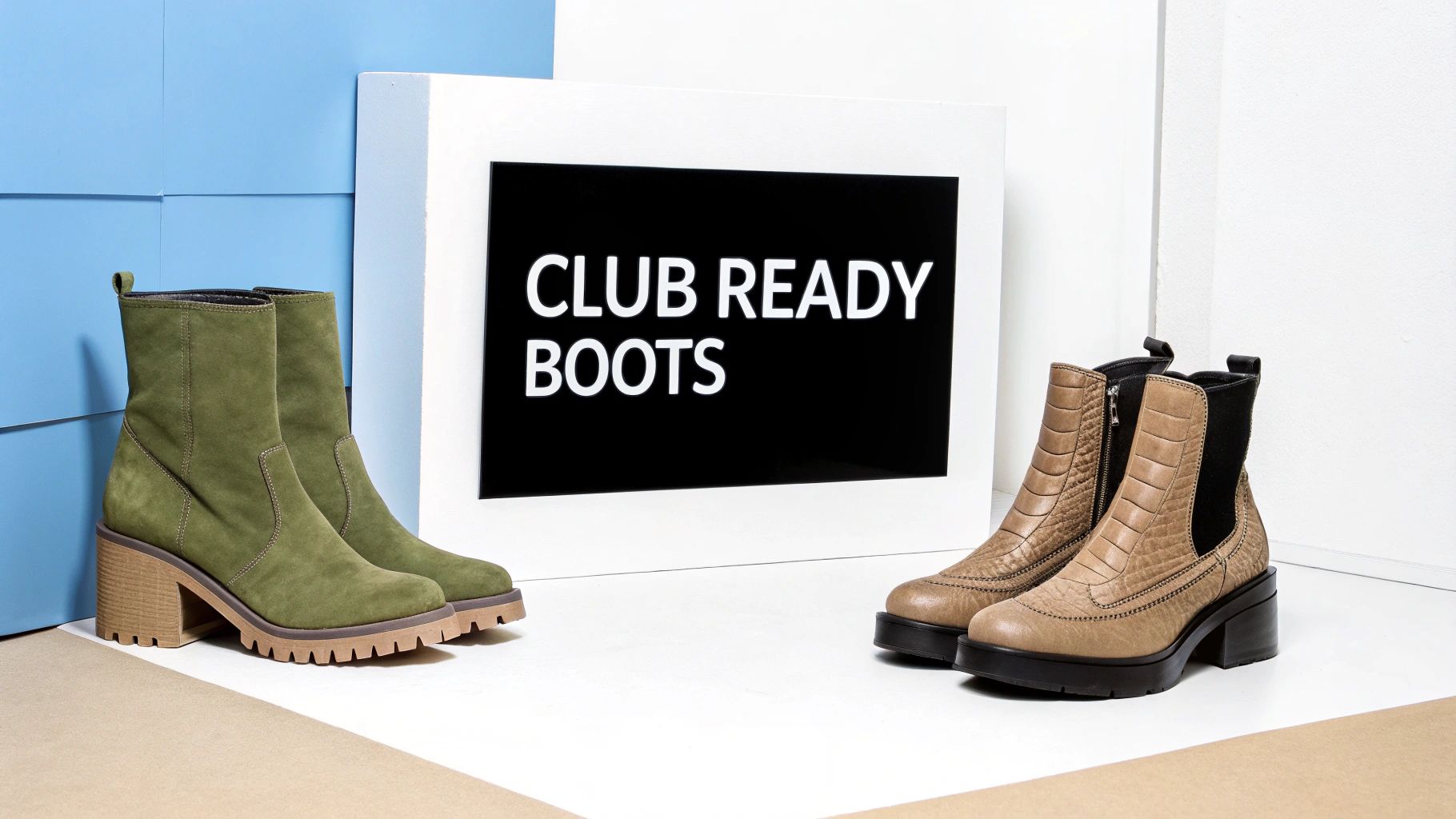 Two pairs of stylish club-ready boots, one green suede and one beige textured, displayed.