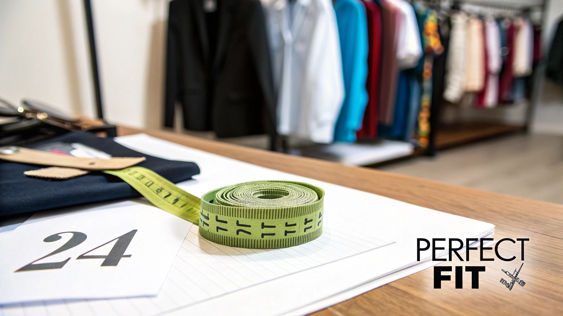 Green measuring tape rolled on desk with fabric samples and clothing rack in tailoring workspace