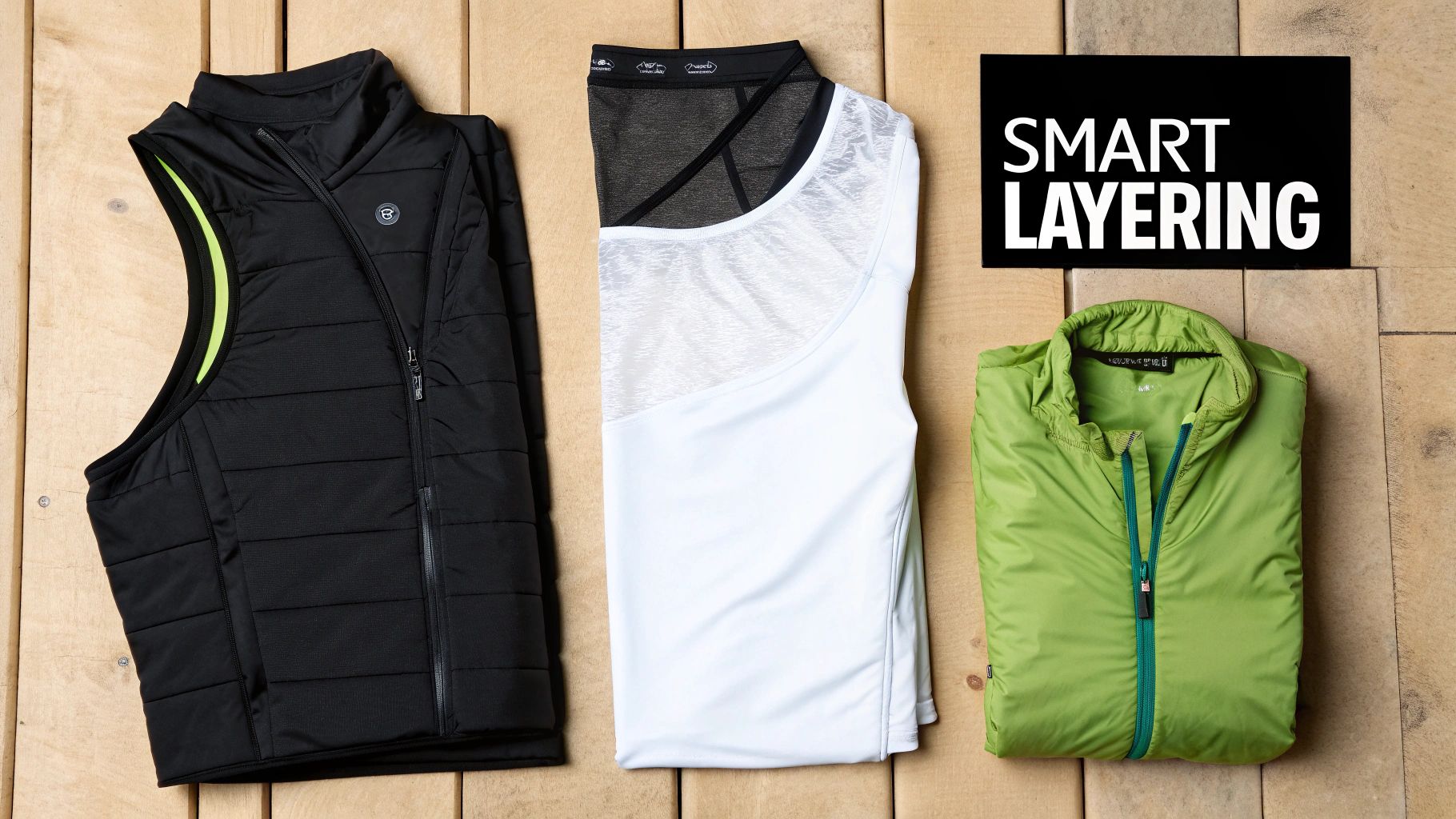 Three pieces of athletic apparel: a black vest, white top, and green jacket for smart layering.
