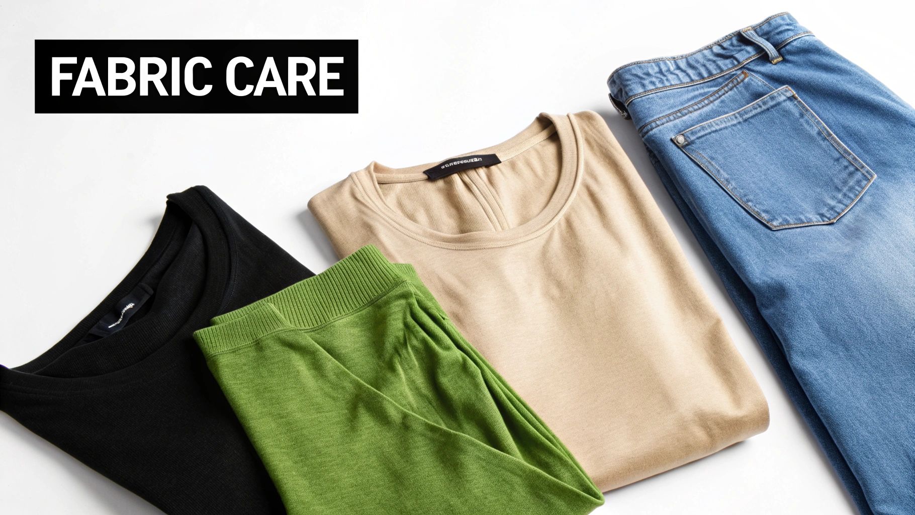 Assortment of clothing items, including black, beige tops, green fabric, and blue jeans, for fabric care.