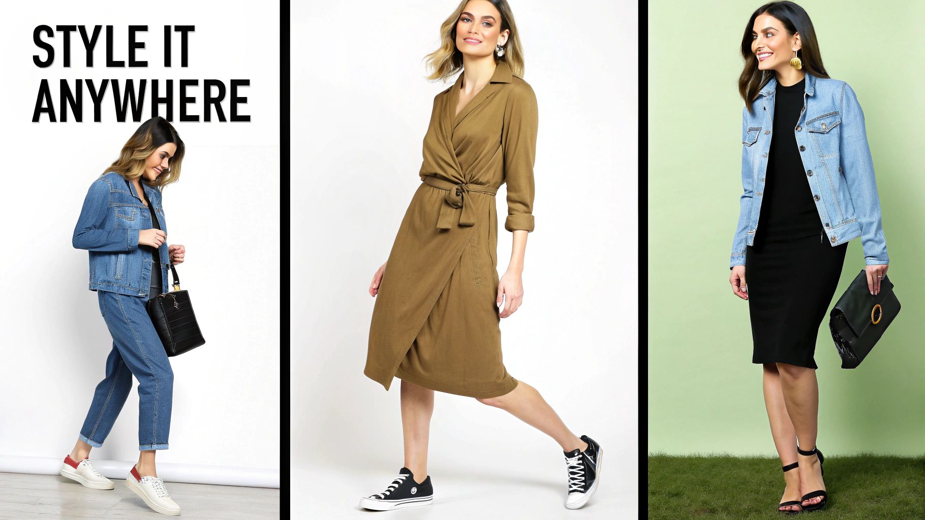 Three women showcase stylish and versatile outfits: denim casual, brown wrap dress, and black dress with denim jacket.