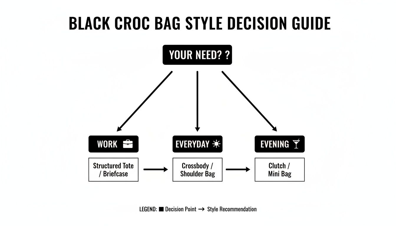A decision guide for selecting a black croc bag style based on the intended use for work, everyday, or evening.